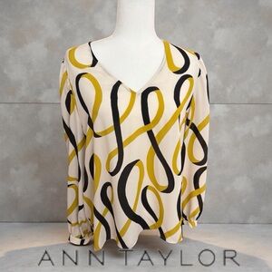 Ann Taylor 💛🖤 yellow & black ribbon long sleeved blouse size large